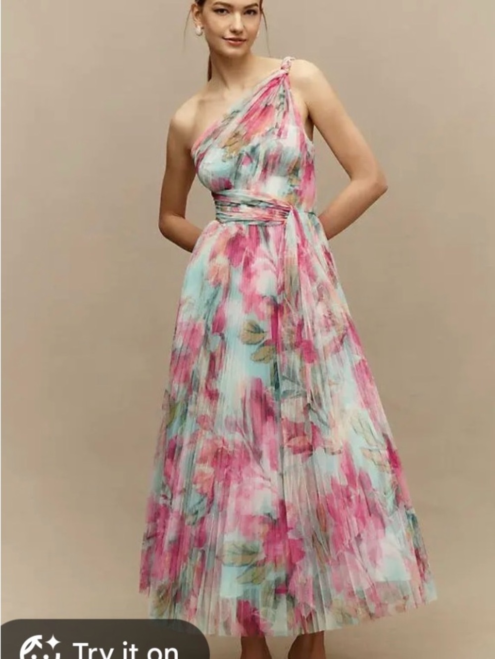 Anthropologie Floral One-Shoulder Pleated Midi Dress in Pink & Aqua